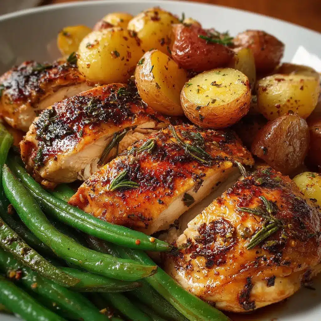 Pollo al horno con papas baby y ejotes en bandeja recién salido del horno