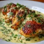 Pollo con Crema servido en sartén con salsa cremosa y cilantro fresco