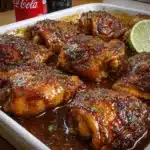 Pollo en salsa de Coca Cola servido en un plato con arroz blanco