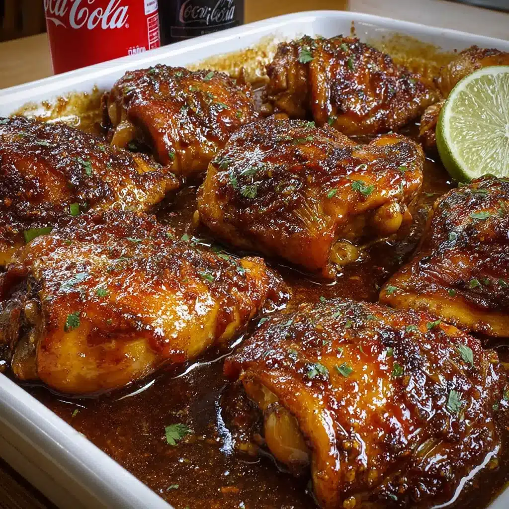 Pollo en salsa de Coca Cola servido en un plato con arroz blanco