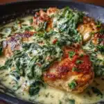 Pollo en Salsa de Espinacas y Queso servido en un plato con arroz blanco