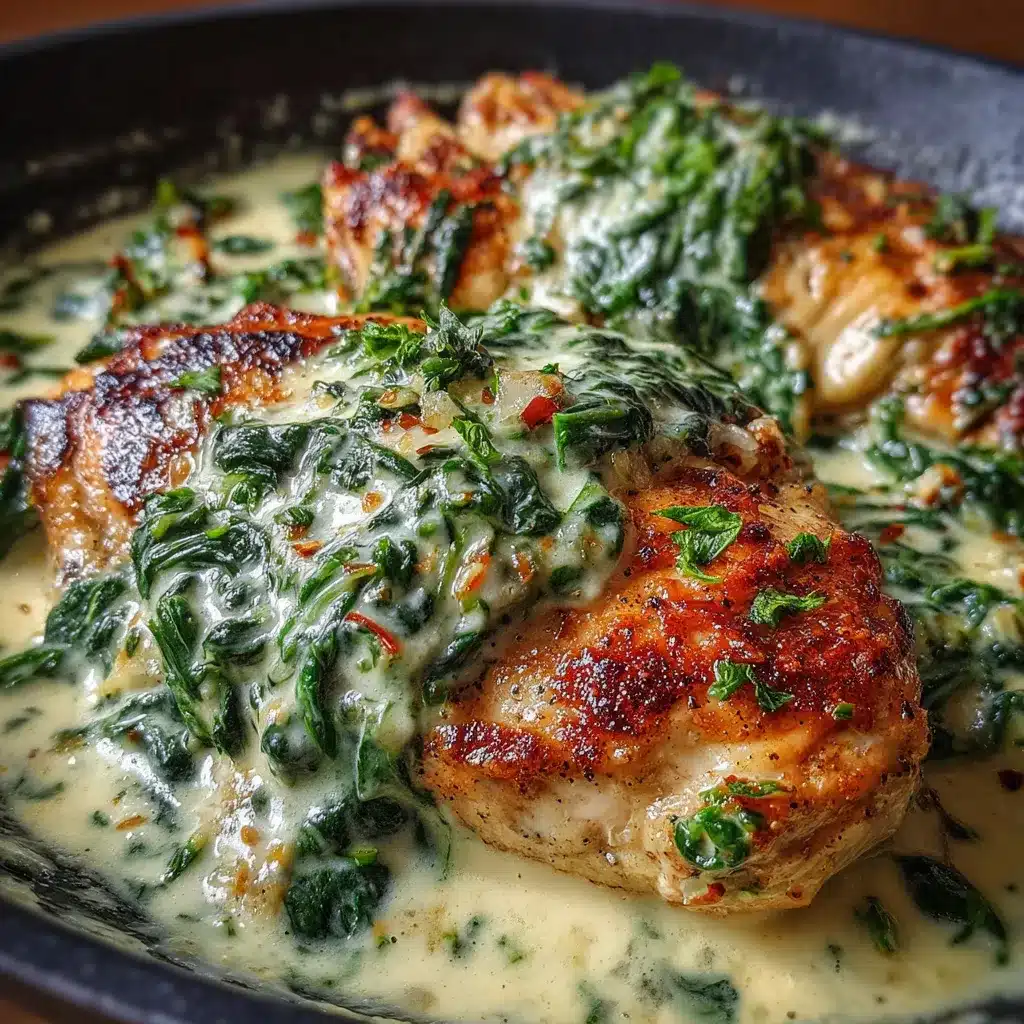 Pollo en Salsa de Espinacas y Queso servido en un plato con arroz blanco
