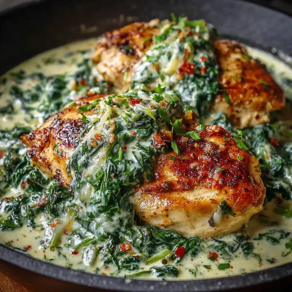 Pollo en Salsa de Espinacas y Queso servido en un plato con arroz blanco