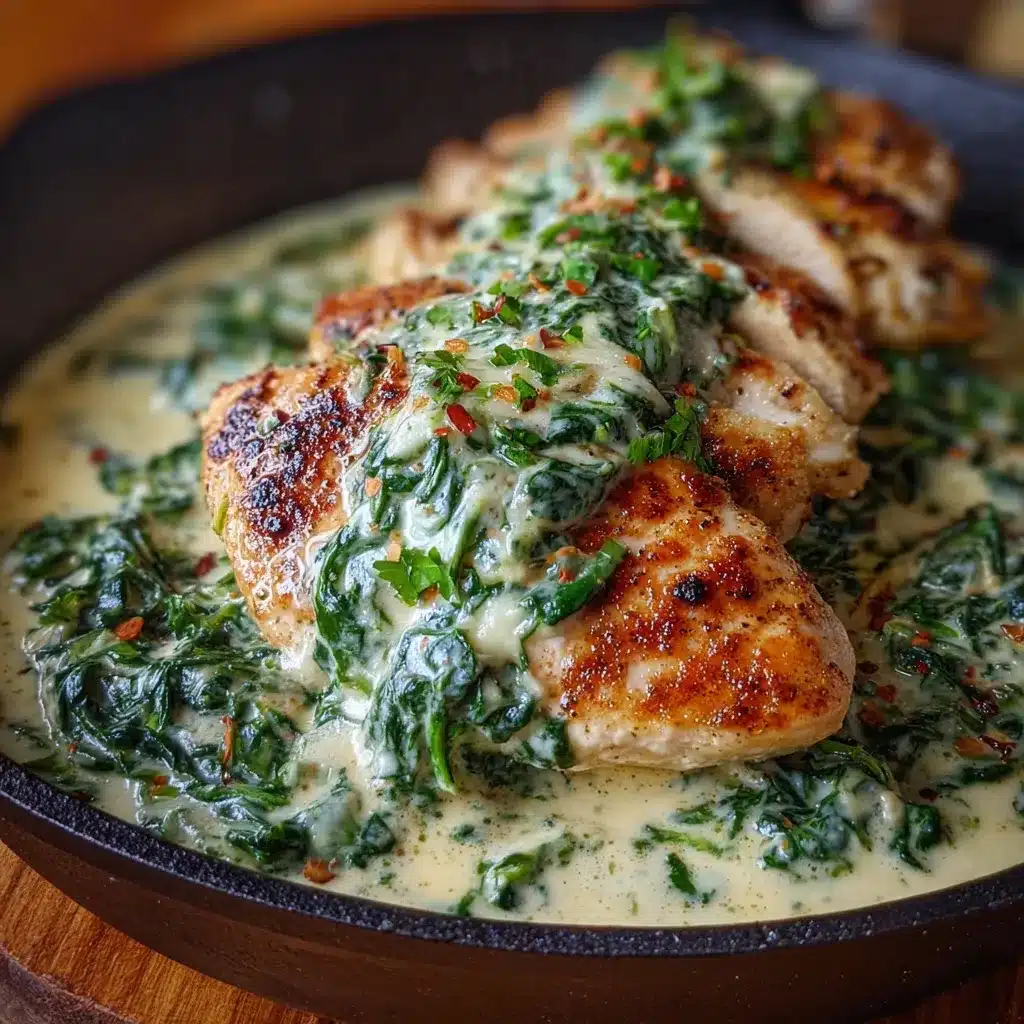 Pollo en Salsa de Espinacas y Queso servido en un plato con arroz blanco