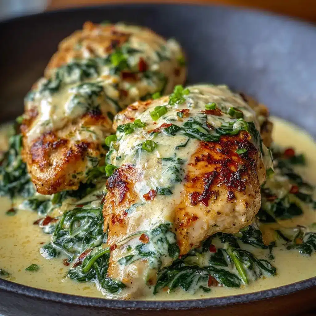 Pollo en Salsa de Espinacas y Queso servido en un plato con arroz blanco