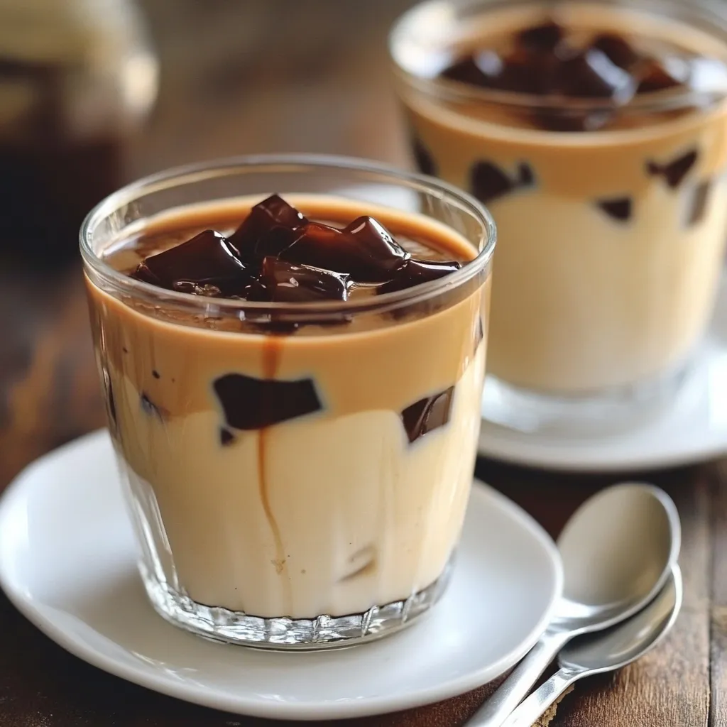 Postre en capas de gelatina de café con crema de vainilla servido en copa elegante