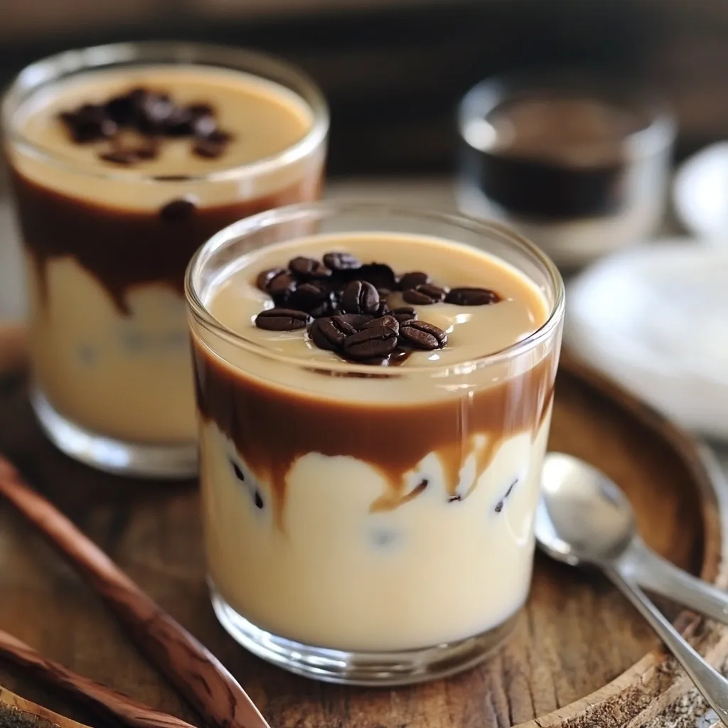 Postre en capas de gelatina de café con crema de vainilla servido en copa elegante