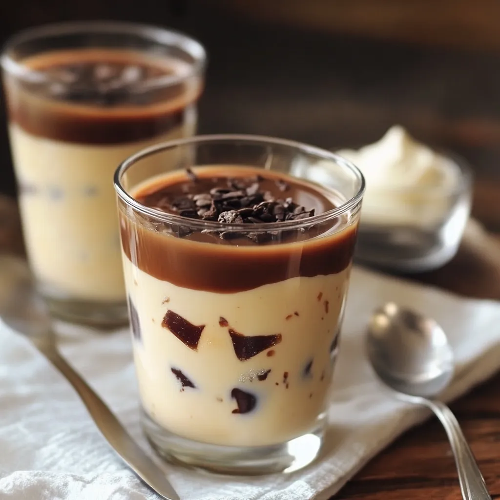 Postre en capas de gelatina de café con crema de vainilla servido en copa elegante