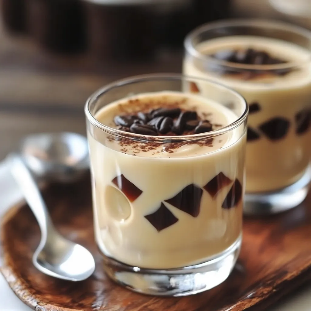 Postre en capas de gelatina de café con crema de vainilla servido en copa elegante