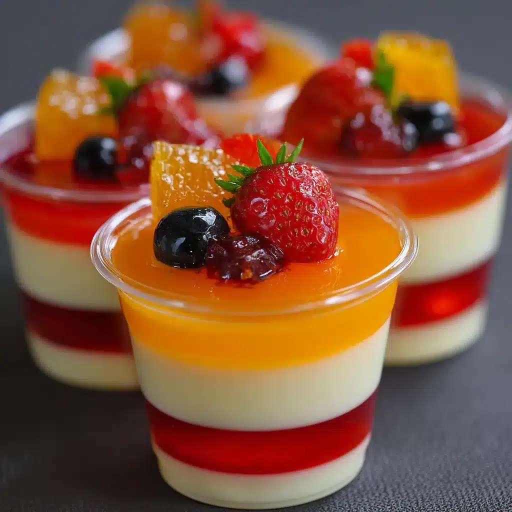 Vasitos individuales de gelatina mosaico con base cremosa y decorados con frutas frescas