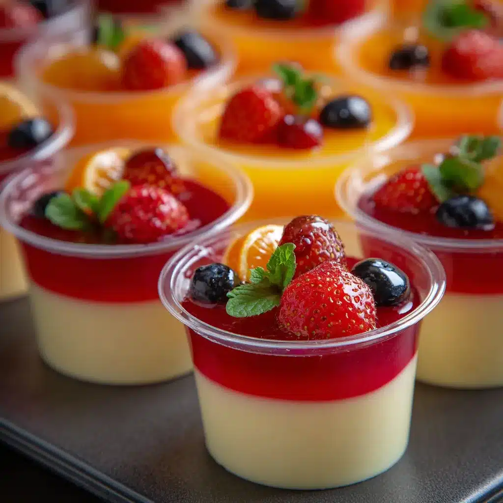 Vasitos individuales de gelatina mosaico con base cremosa y decorados con frutas frescas
