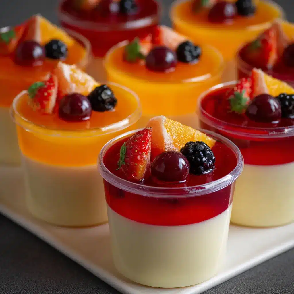Vasitos individuales de gelatina mosaico con base cremosa y decorados con frutas frescas