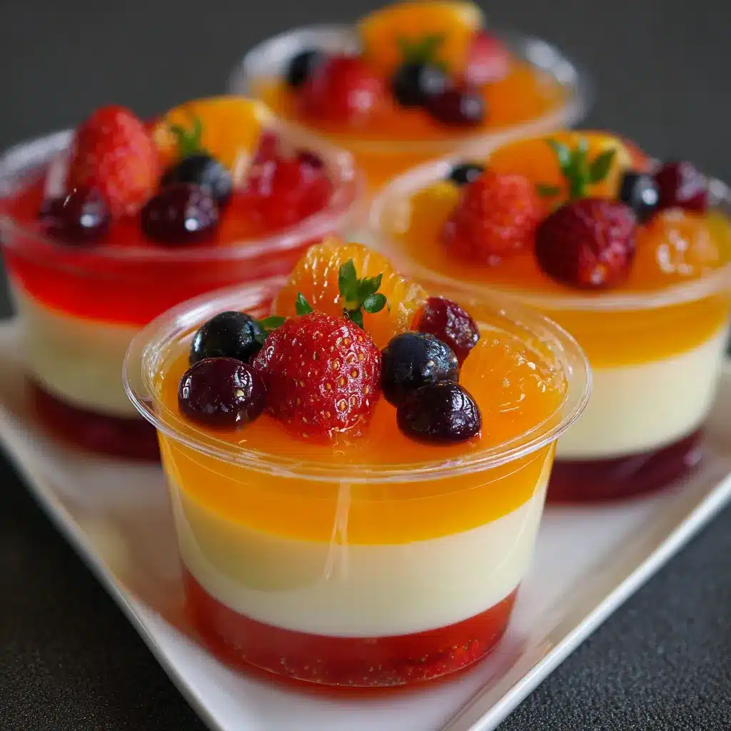Vasitos individuales de gelatina mosaico con base cremosa y decorados con frutas frescas