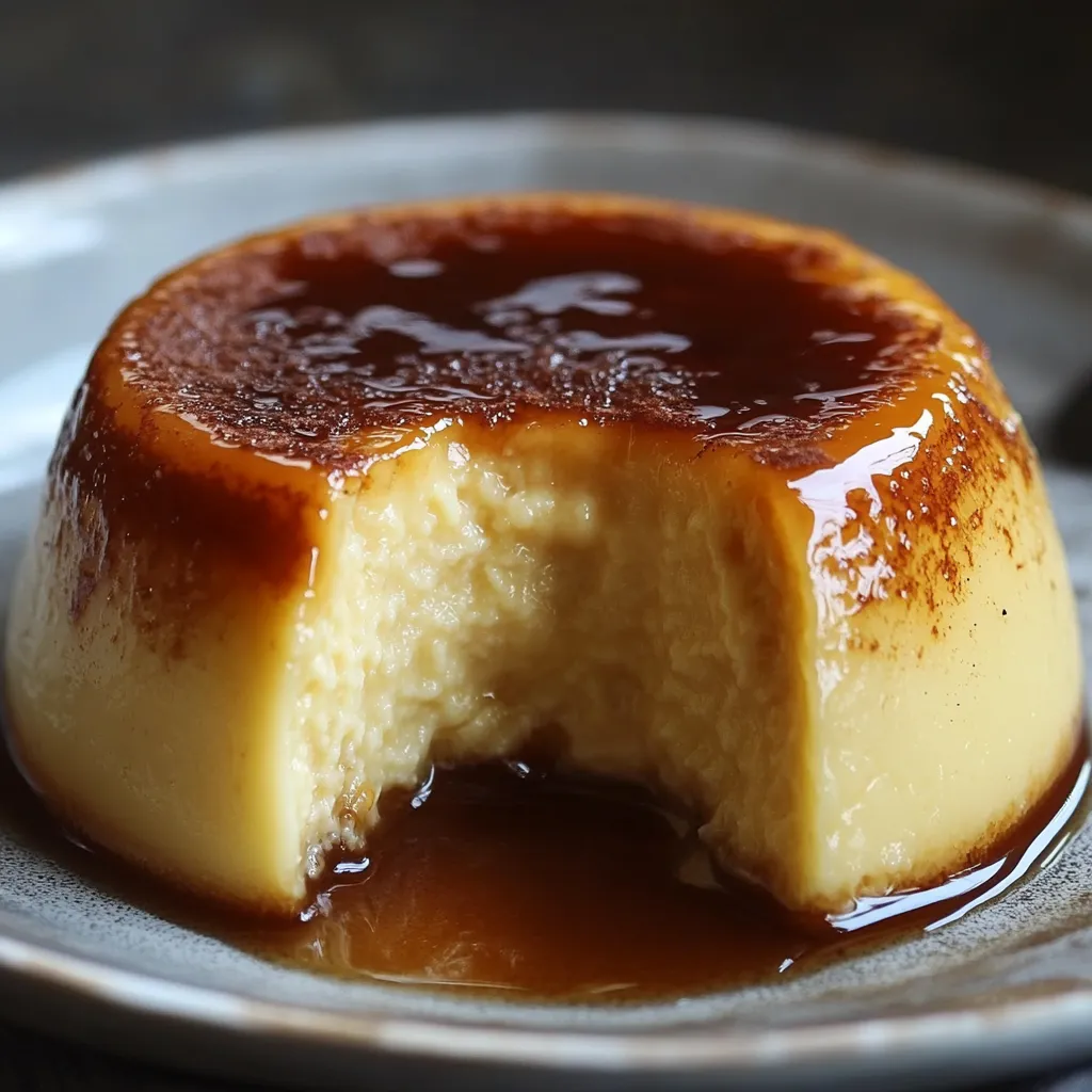 Pudín de leche casero servido en un plato blanco con coco rallado encima