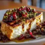 Queso panela a la parrilla servido con miel, salsa macha, arándanos secos y pepitas tostadas.