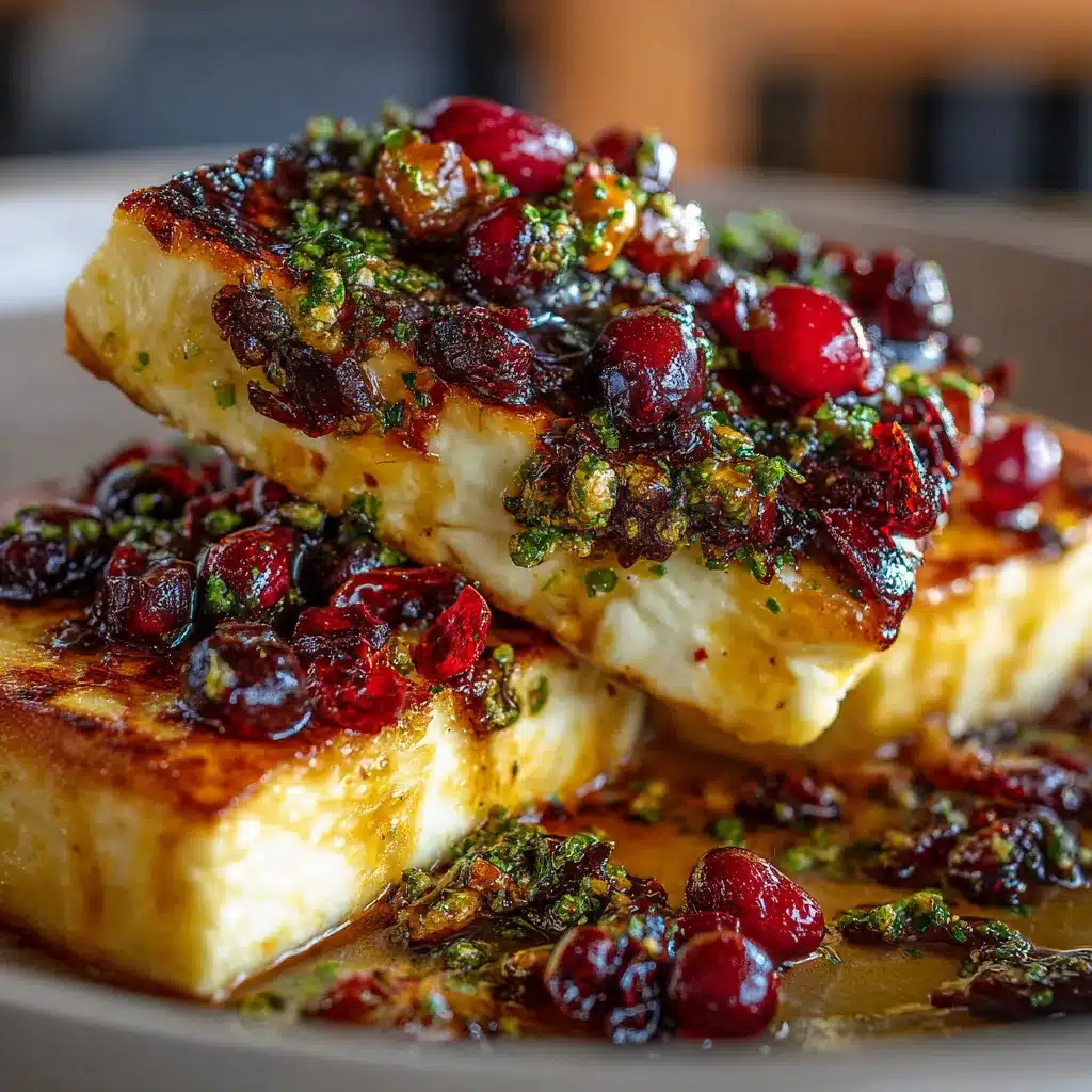 Queso panela a la parrilla servido con miel, salsa macha, arándanos secos y pepitas tostadas.