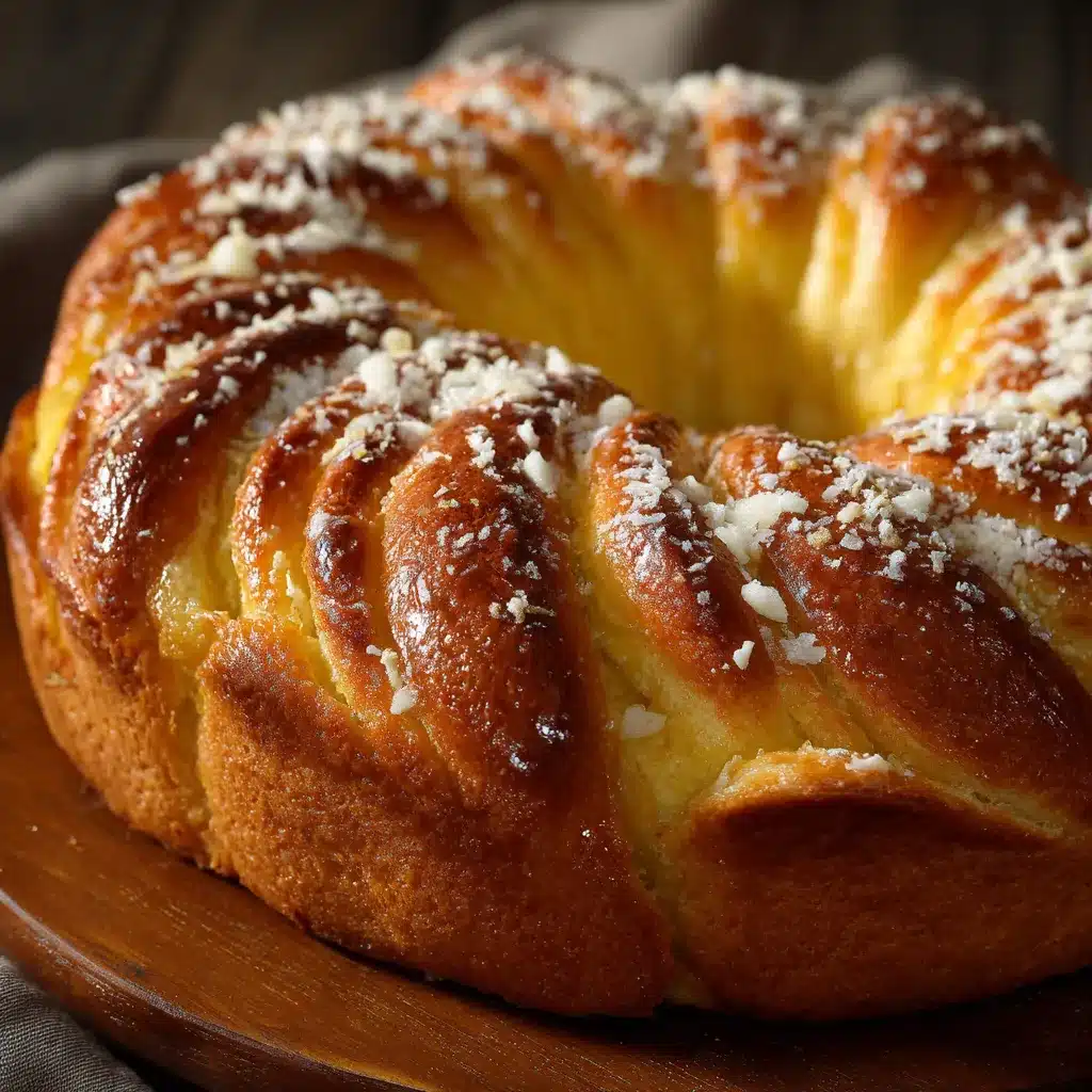 Rosca matera sin amasar dorada y decorada con crema pastelera y coco rallado