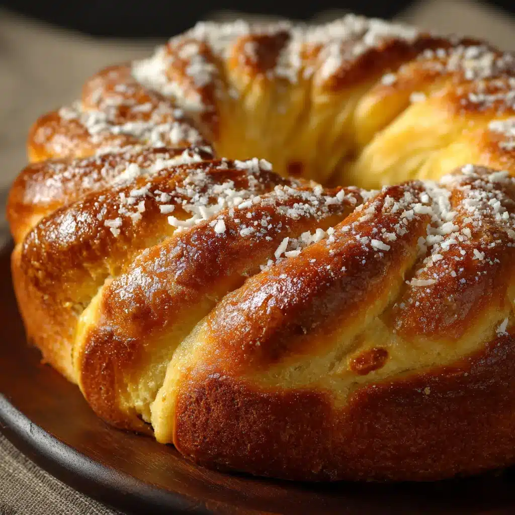 Rosca matera sin amasar dorada y decorada con crema pastelera y coco rallado