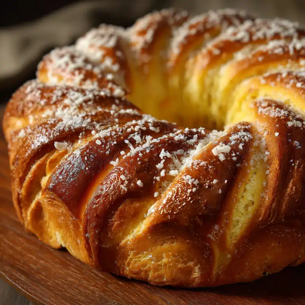 Rosca matera sin amasar dorada y decorada con crema pastelera y coco rallado
