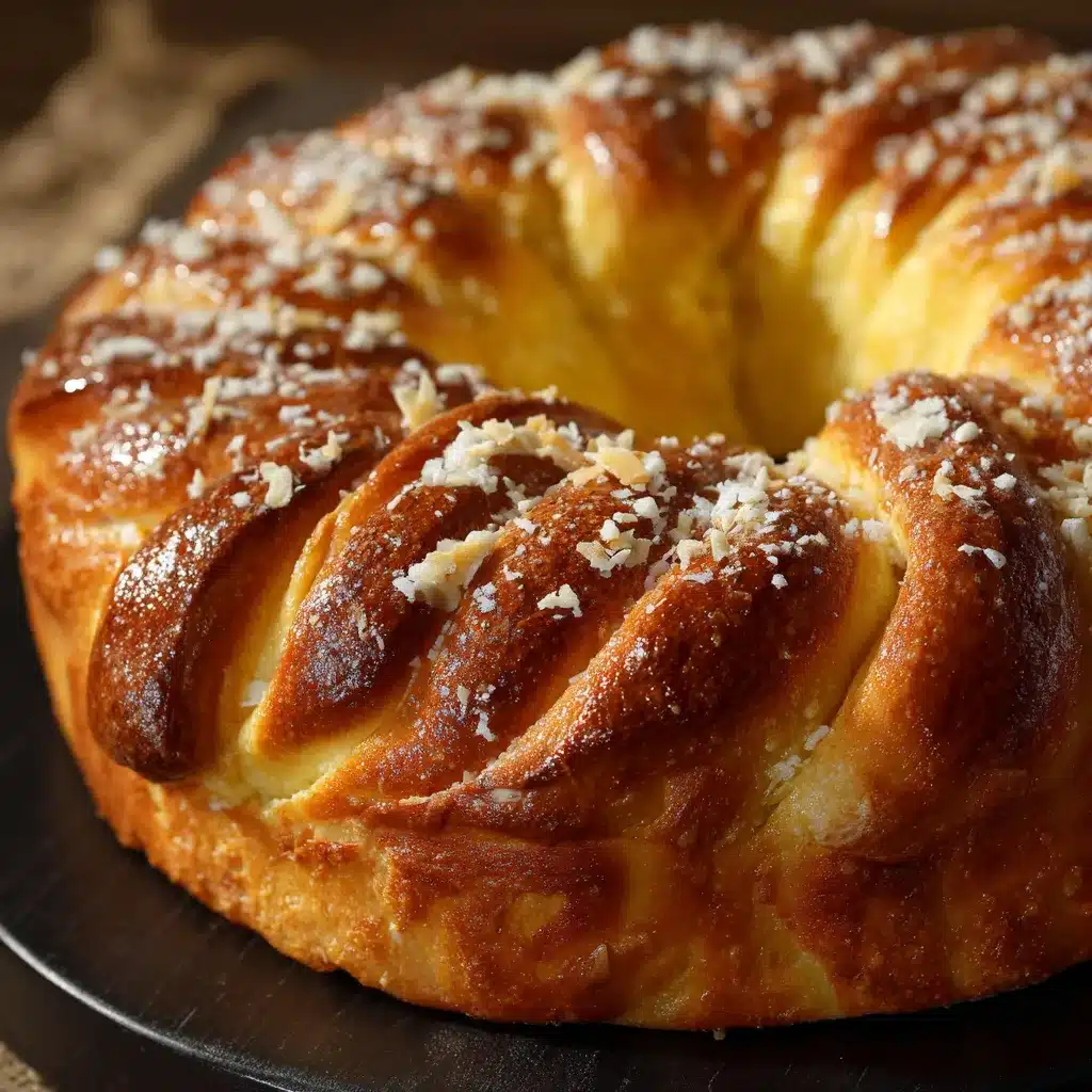 Rosca matera sin amasar dorada y decorada con crema pastelera y coco rallado