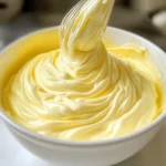Relleno trufado blanco cremoso en un bol listo para usar en postres