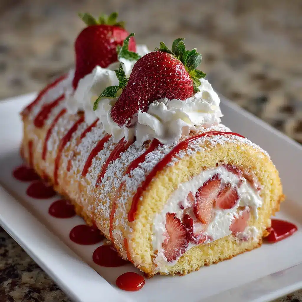 Rollo de Fresa esponjoso relleno de crema y decorado con fresas frescas sobre una bandeja blanca