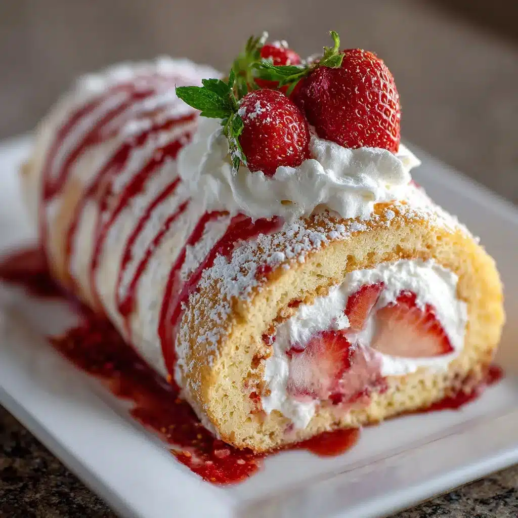 Rollo de Fresa esponjoso relleno de crema y decorado con fresas frescas sobre una bandeja blanca