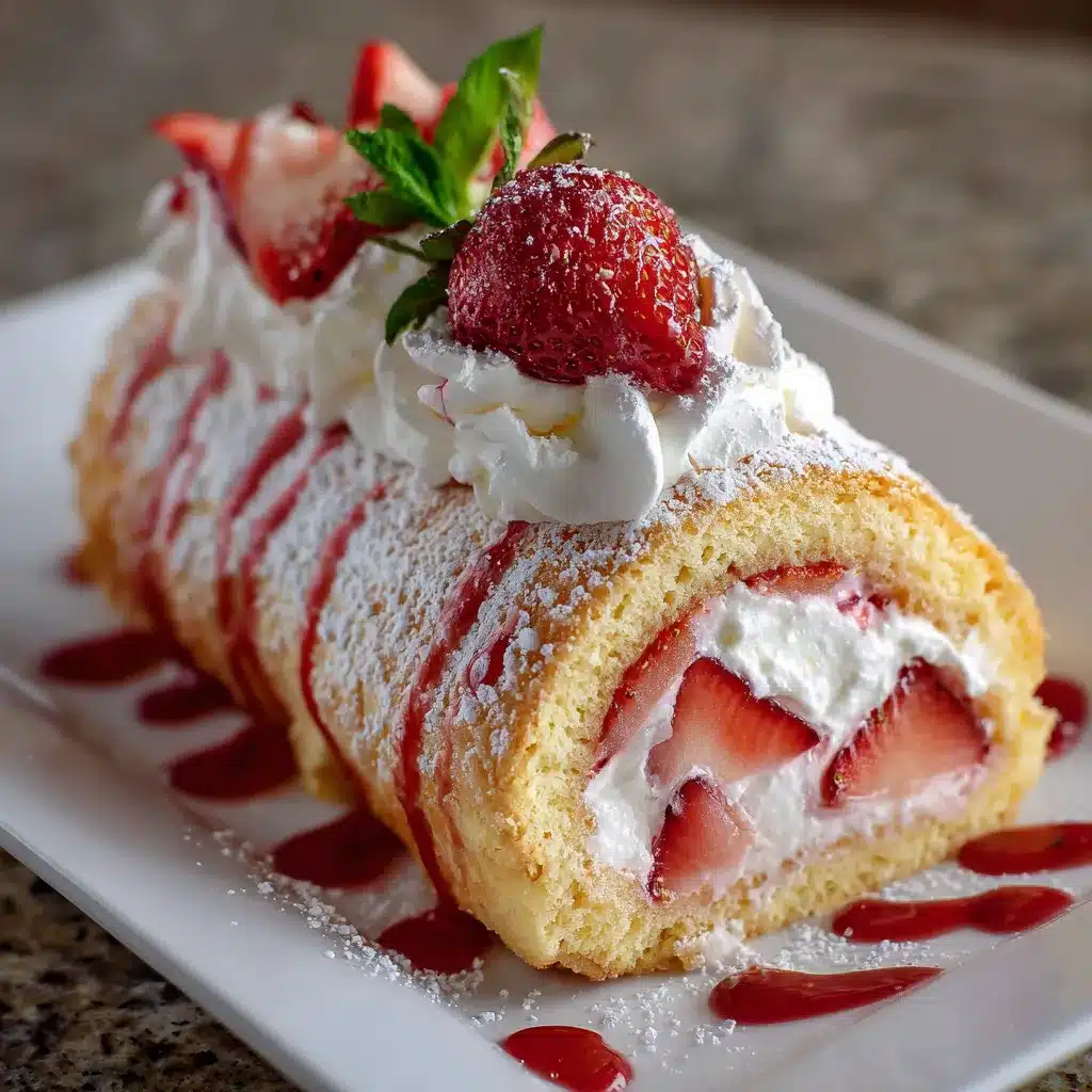Rollo de Fresa esponjoso relleno de crema y decorado con fresas frescas sobre una bandeja blanca