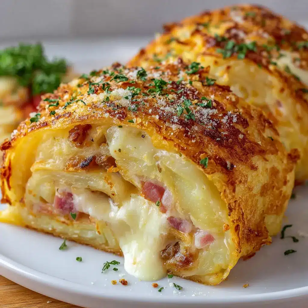 Rollo de patata con queso sin cerdo ni bacon recién horneado en bandeja