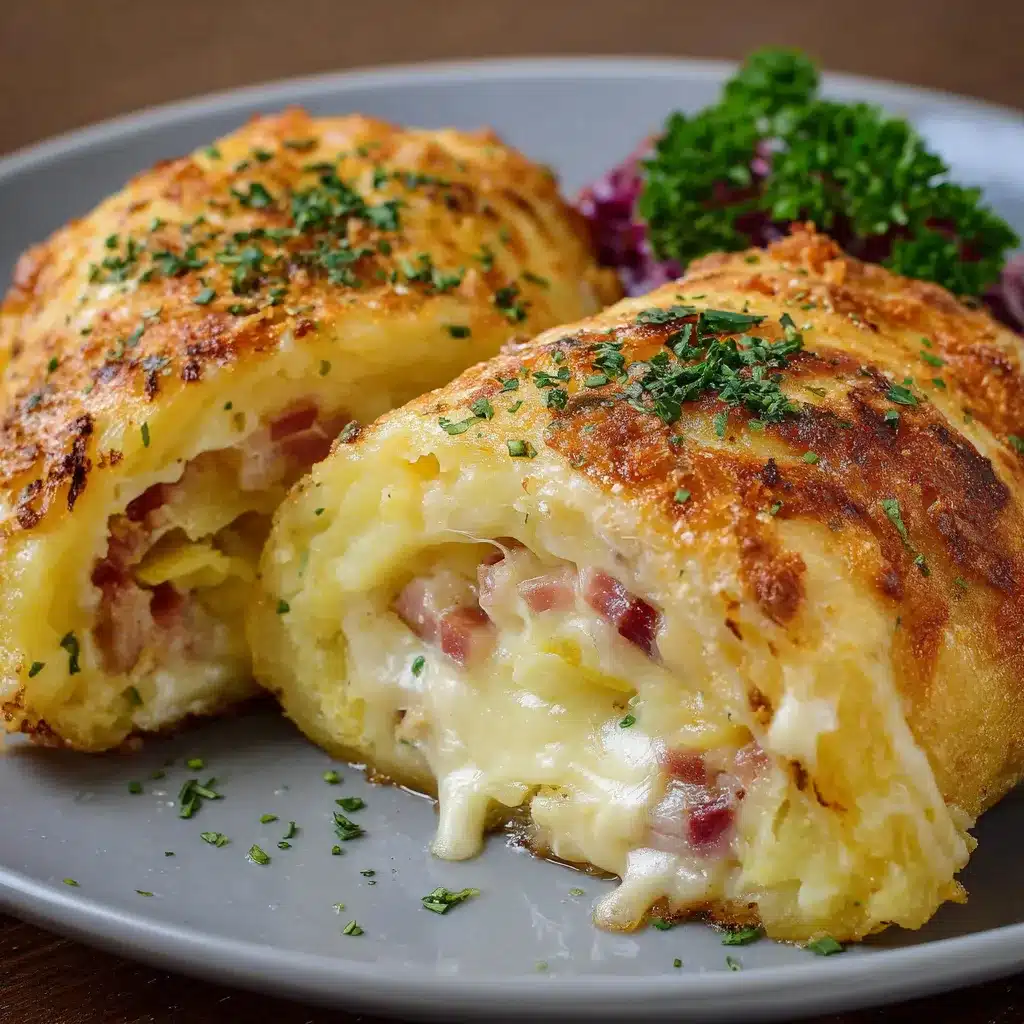 Rollo de patata con queso sin cerdo ni bacon recién horneado en bandeja