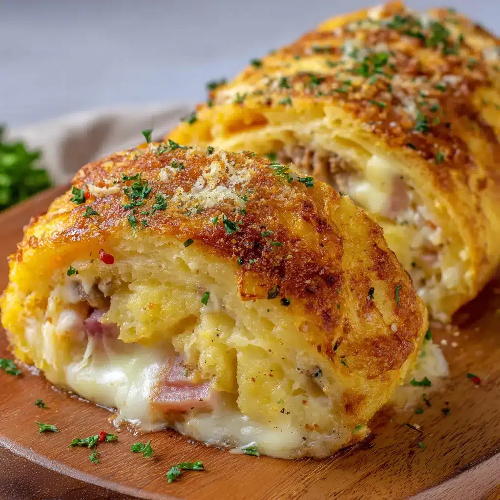 Rollo de patata con queso sin cerdo ni bacon recién horneado en bandeja