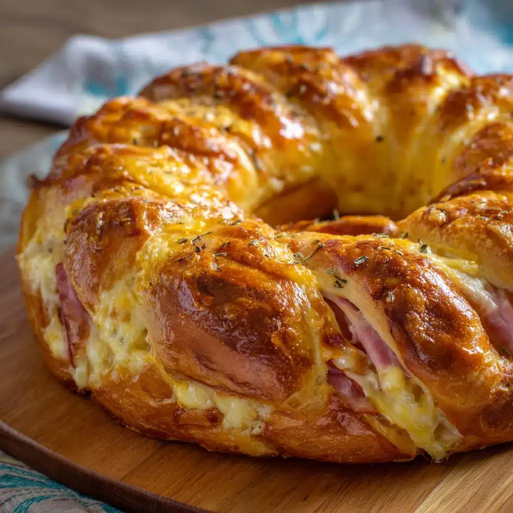 Rosca de jamón de pollo y queso recién horneada, dorada y esponjosa sobre una bandeja de madera.