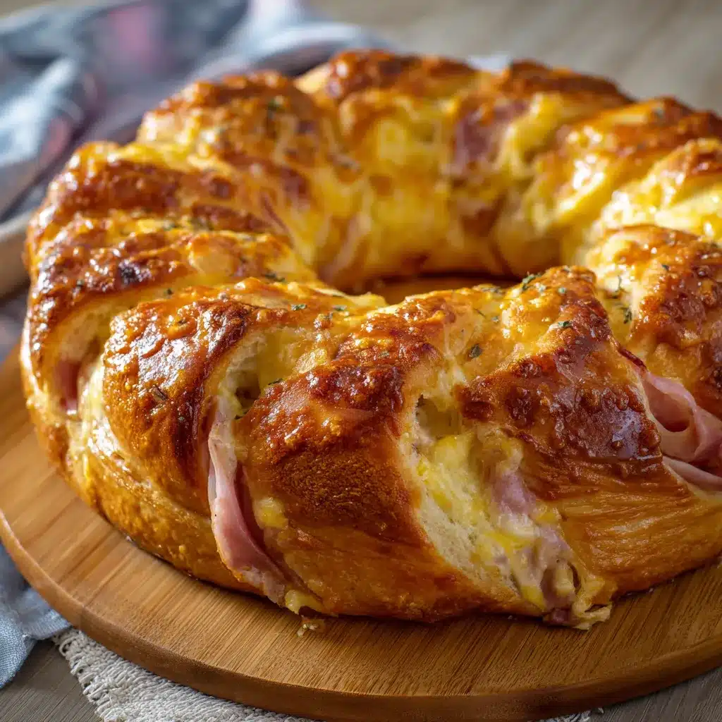 Rosca de jamón de pollo y queso recién horneada, dorada y esponjosa sobre una bandeja de madera.