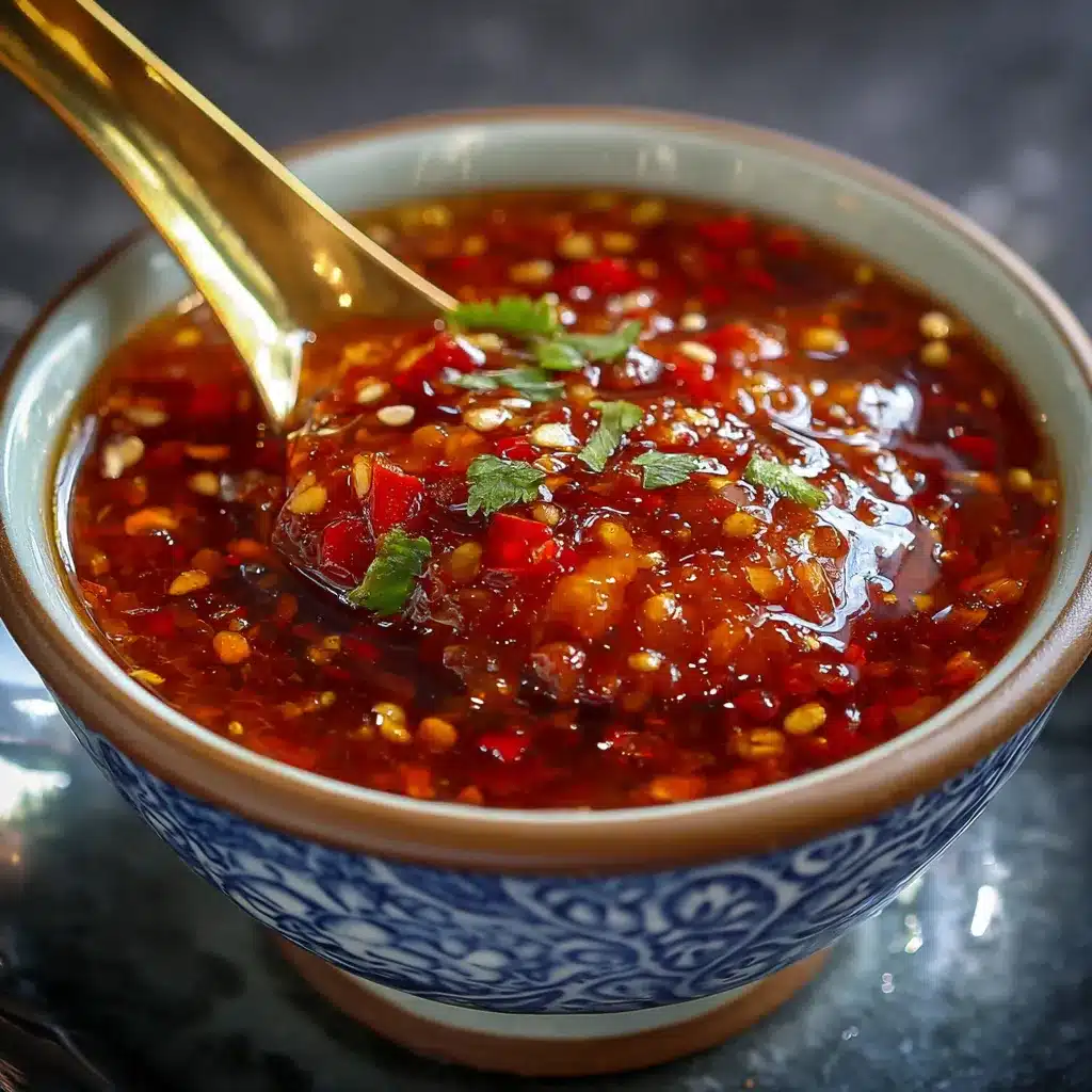 Salsa Chili Casera Estilo Restaurante en frasco de vidrio con hojuelas de chile y ajo alrededor
