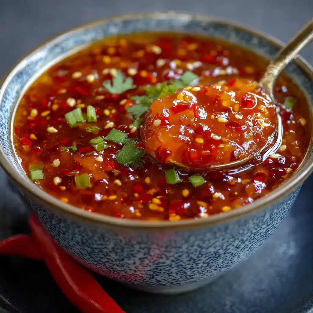 Salsa Chili Casera Estilo Restaurante en frasco de vidrio con hojuelas de chile y ajo alrededor
