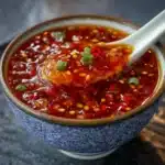 Salsa Chili Casera Estilo Restaurante en frasco de vidrio con hojuelas de chile y ajo alrededor