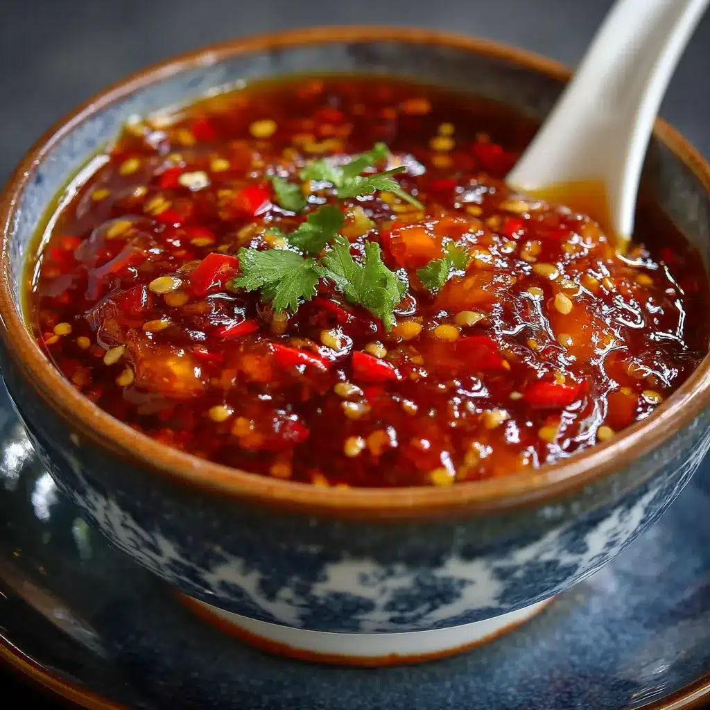 Salsa Chili Casera Estilo Restaurante en frasco de vidrio con hojuelas de chile y ajo alrededor