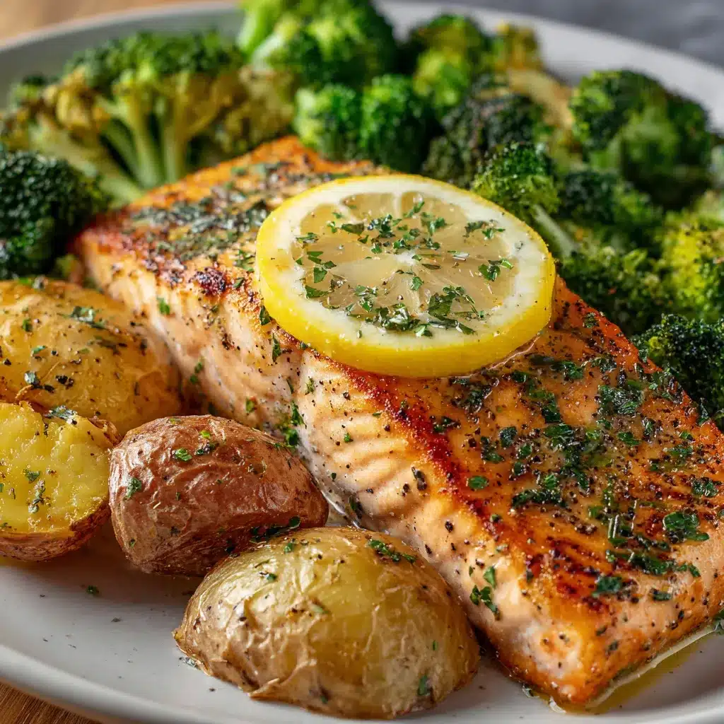 Plato servido de salmón con mantequilla de limón, papas crujientes al horno y brócoli al vapor