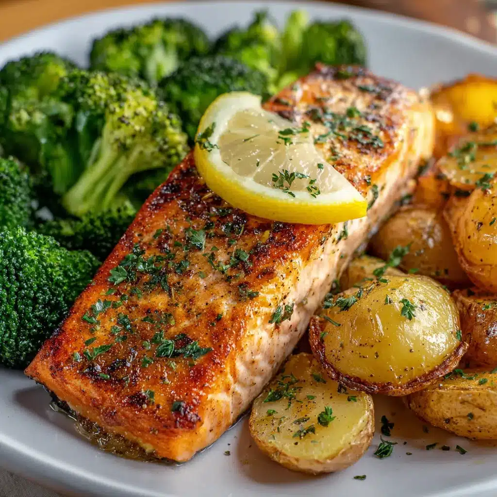 Plato servido de salmón con mantequilla de limón, papas crujientes al horno y brócoli al vapor