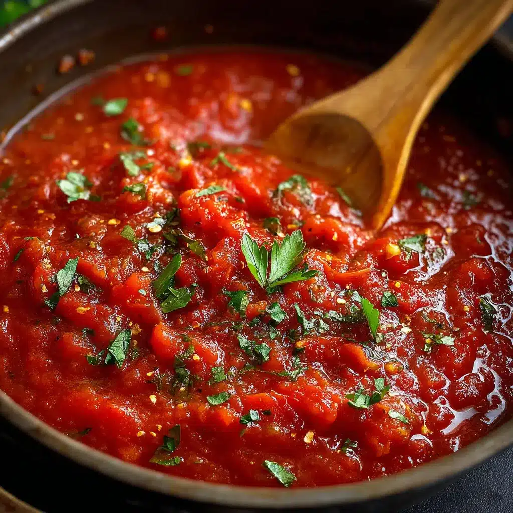 Salsa de tomate casera en sartén, cocinada con tomates frescos y cebolla