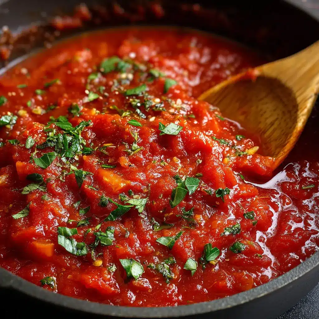 Salsa de tomate casera en sartén, cocinada con tomates frescos y cebolla