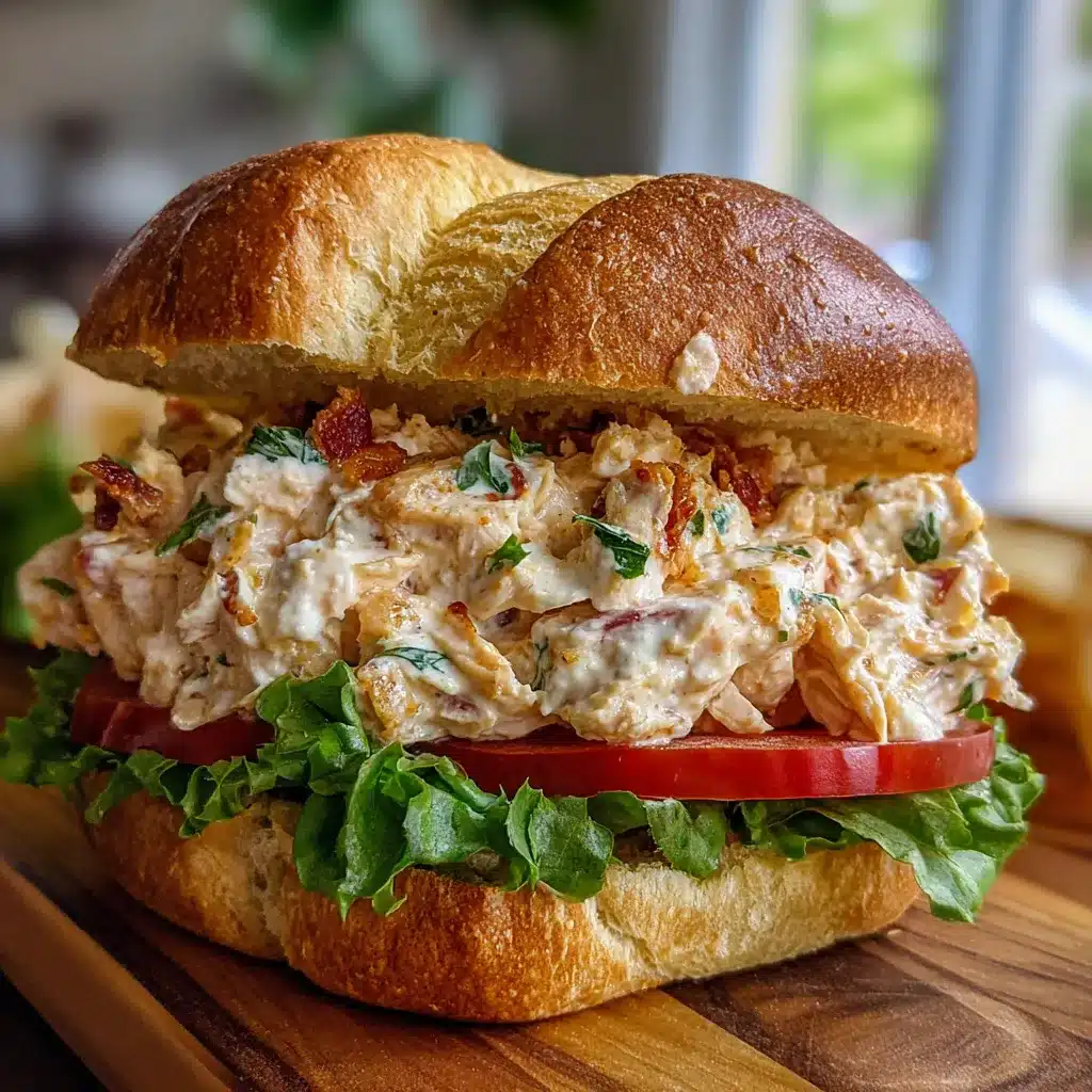Sándwich cremoso de pollo con lechuga y tomate sobre pan artesanal