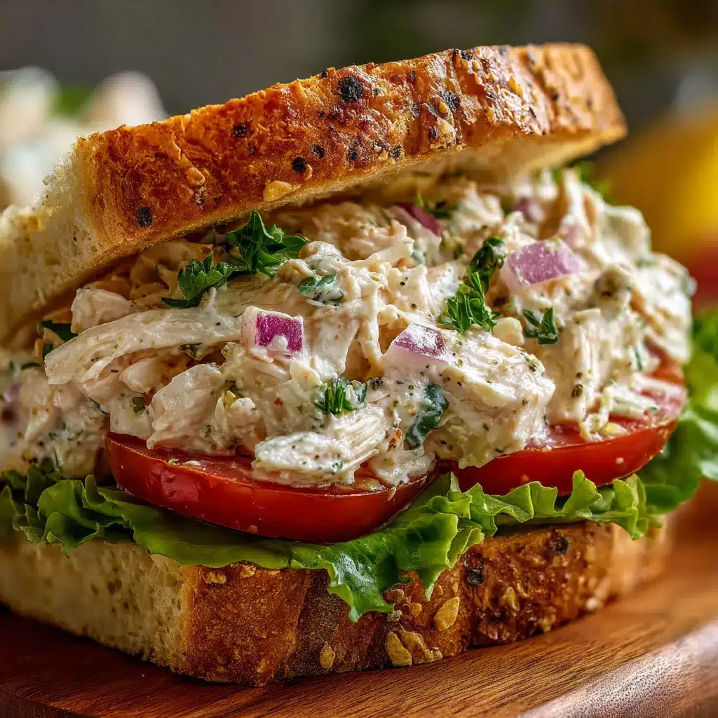 Sándwich cremoso de pollo con lechuga y tomate sobre pan artesanal