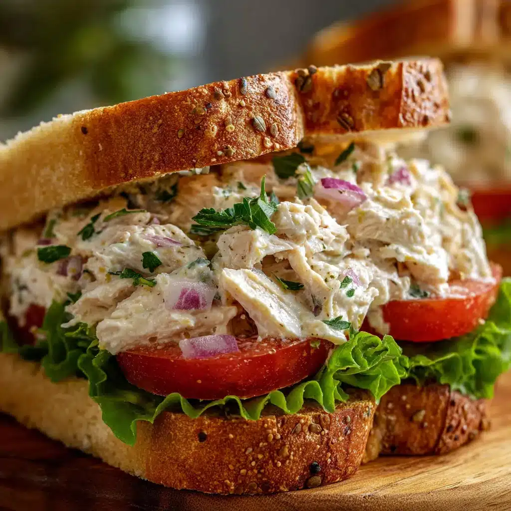 Sándwich cremoso de pollo con lechuga y tomate sobre pan artesanal