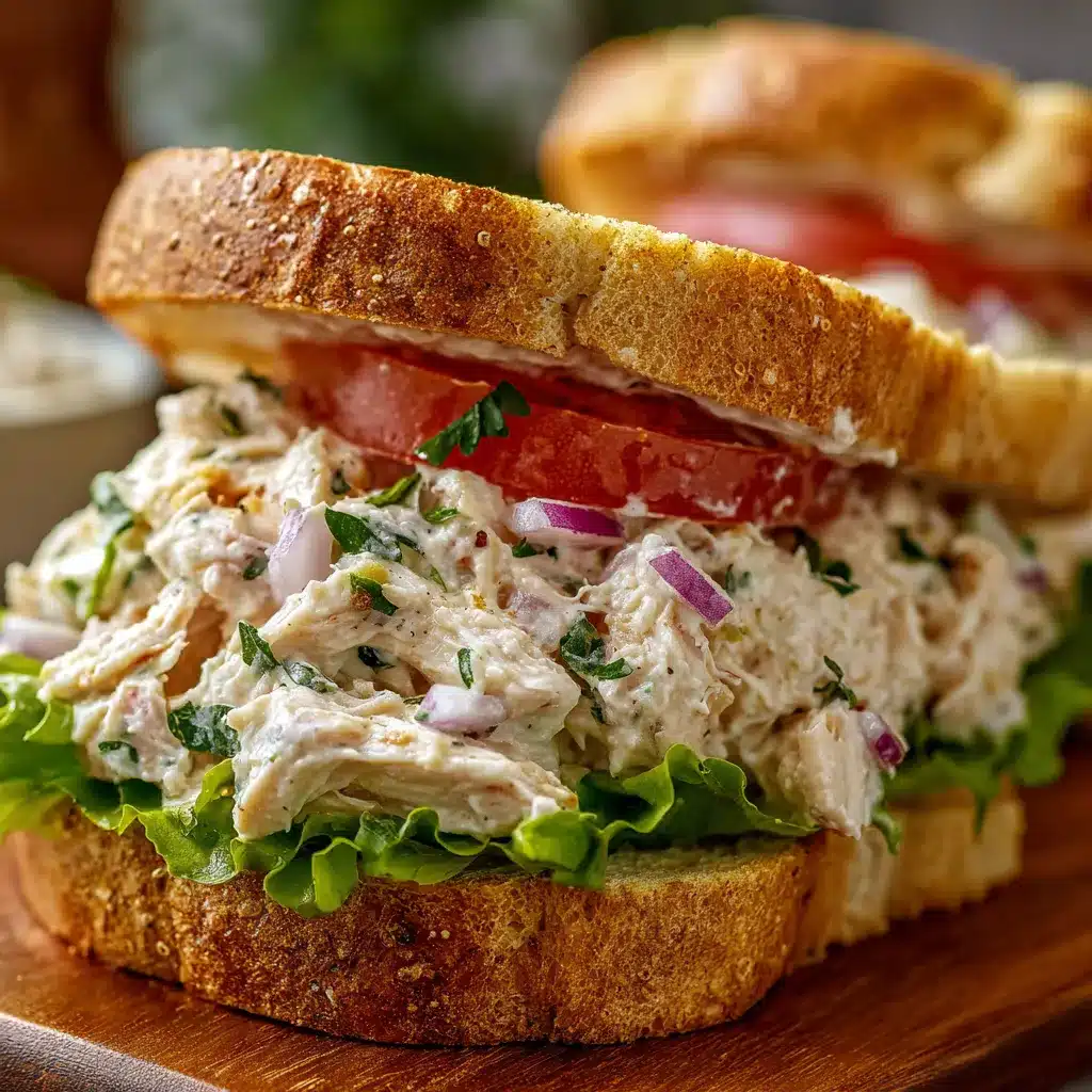 Sándwich cremoso de pollo con lechuga y tomate sobre pan artesanal