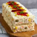 Sandwichón decorado con zanahoria rallada, tomates cherry y aceitunas verdes sobre una bandeja