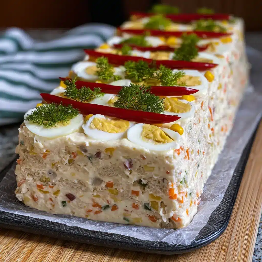 Sandwichón decorado con zanahoria rallada, tomates cherry y aceitunas verdes sobre una bandeja