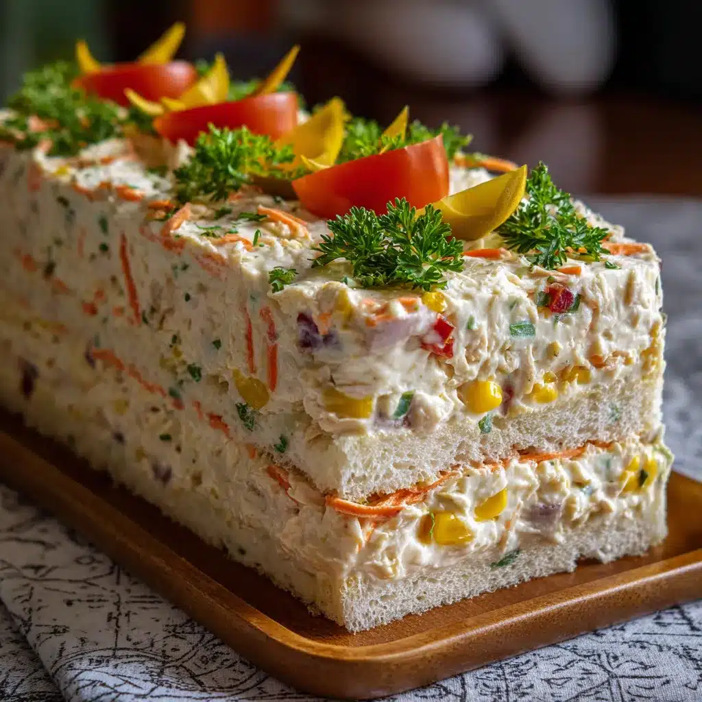 Sandwichón decorado con zanahoria rallada, tomates cherry y aceitunas verdes sobre una bandeja