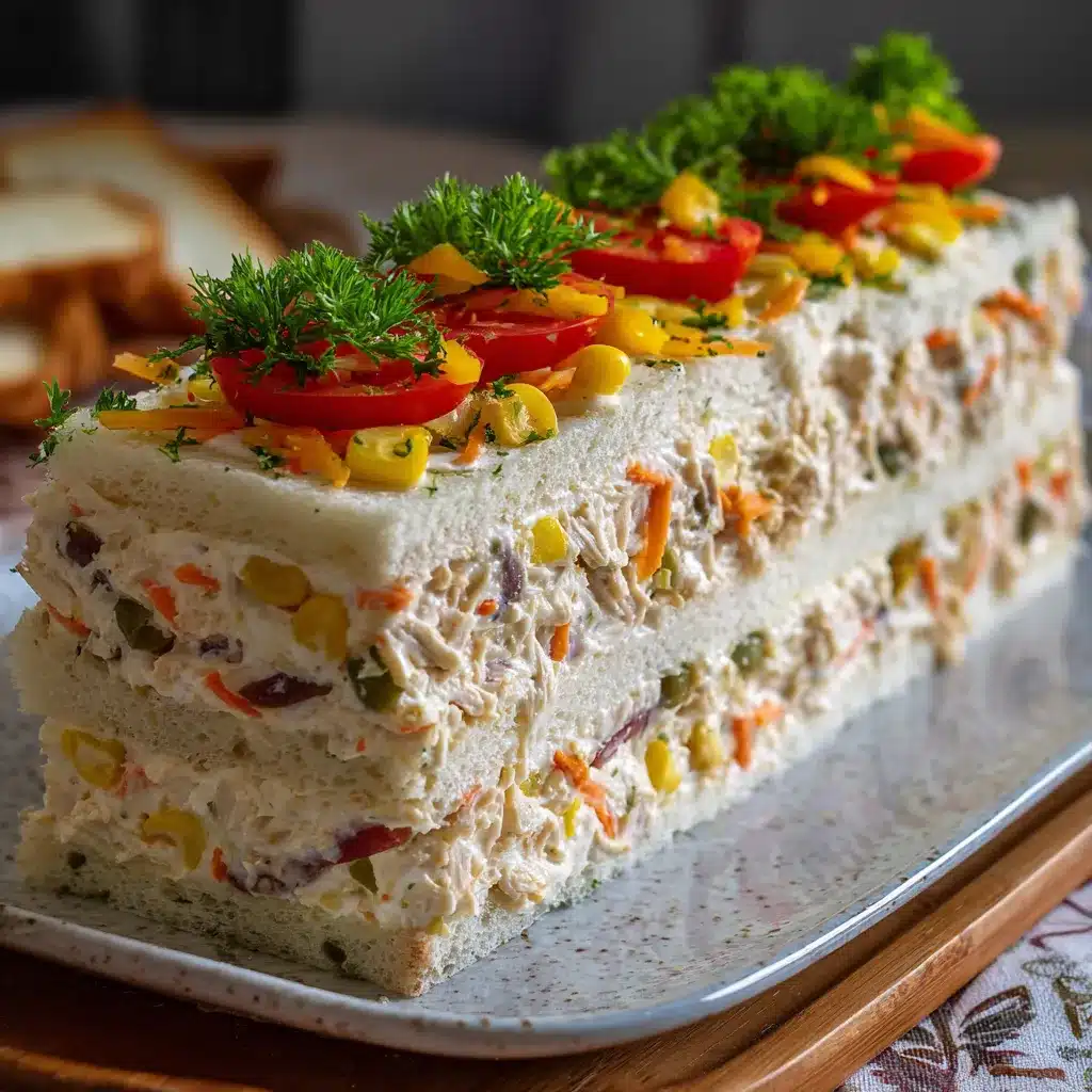 Sandwichón decorado con zanahoria rallada, tomates cherry y aceitunas verdes sobre una bandeja