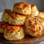 Scones de queso caseros recién horneados en una bandeja dorada